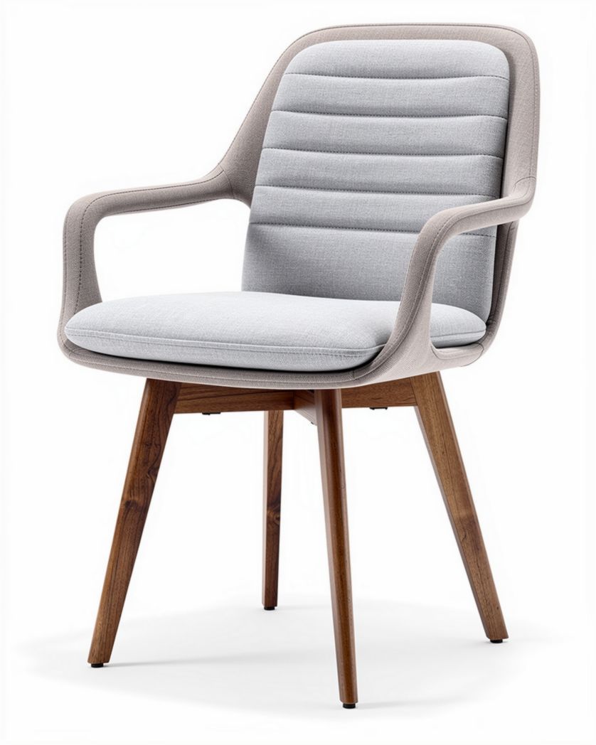 Fauteuil moderne en tissu gris avec bras et pieds en bois de noyer dimensions 50 x 50 x 85cm