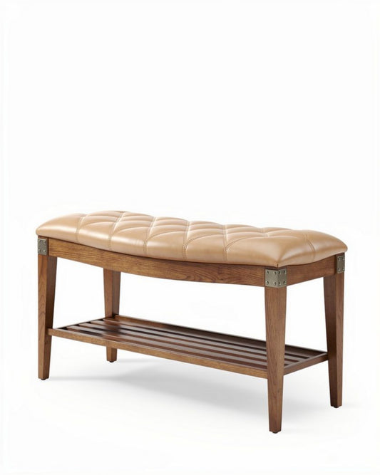Banc en bois avec assise en simili cuir et étagère inférieure 120 x 40 x 45cm