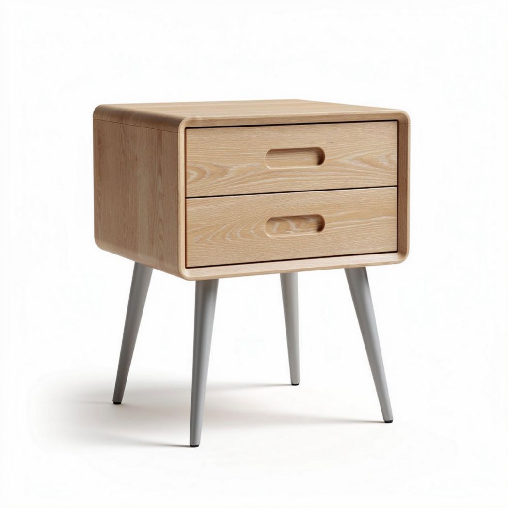 Table de chevet en bois clair avec deux tiroirs et pieds métalliques 40 x 40 x 50cm