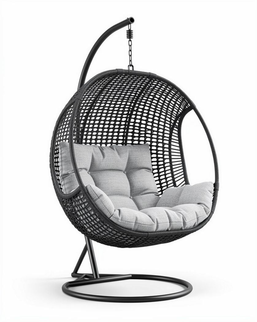 Fauteuil suspendu en résine tressée noire avec coussins gris 100 x 80 x 120cm