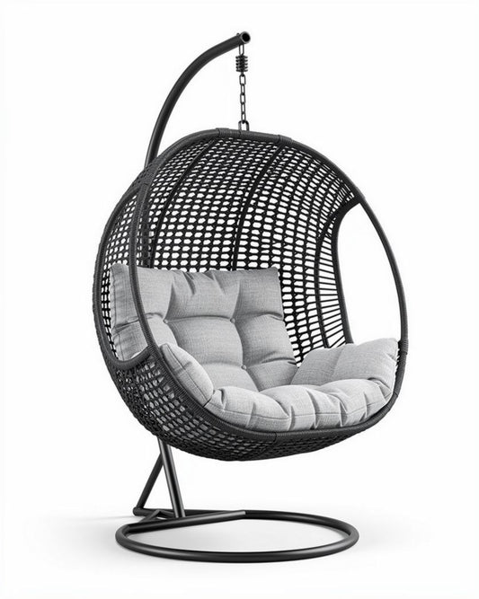 Fauteuil suspendu en résine tressée noire avec coussins gris 100 x 80 x 120cm