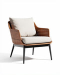 Fauteuil en bois avec coussin en tissu beige et structure métallique noire 75 x 75 x 90cm