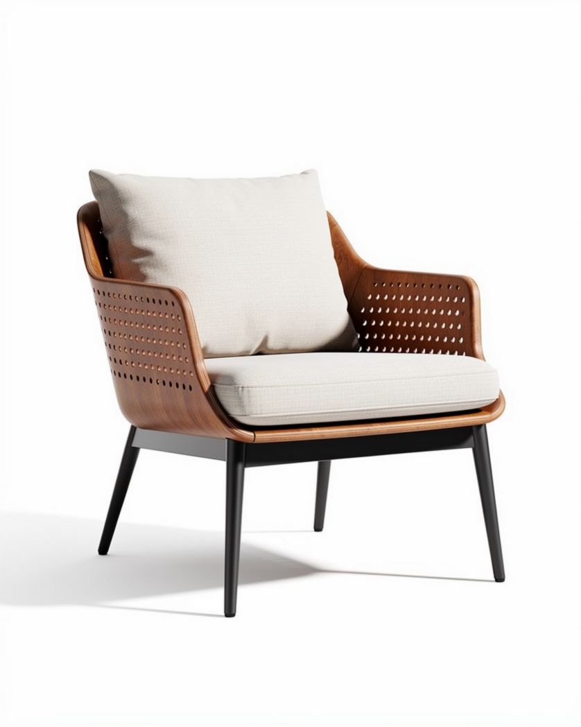 Fauteuil en bois avec coussin en tissu beige et structure métallique noire 75 x 75 x 90cm
